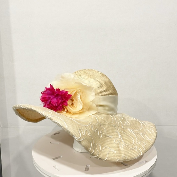 ANN VUILLE‎  Womens Straw Cream Formal Hat Floral Derby Horse Race Church Summer main image 7